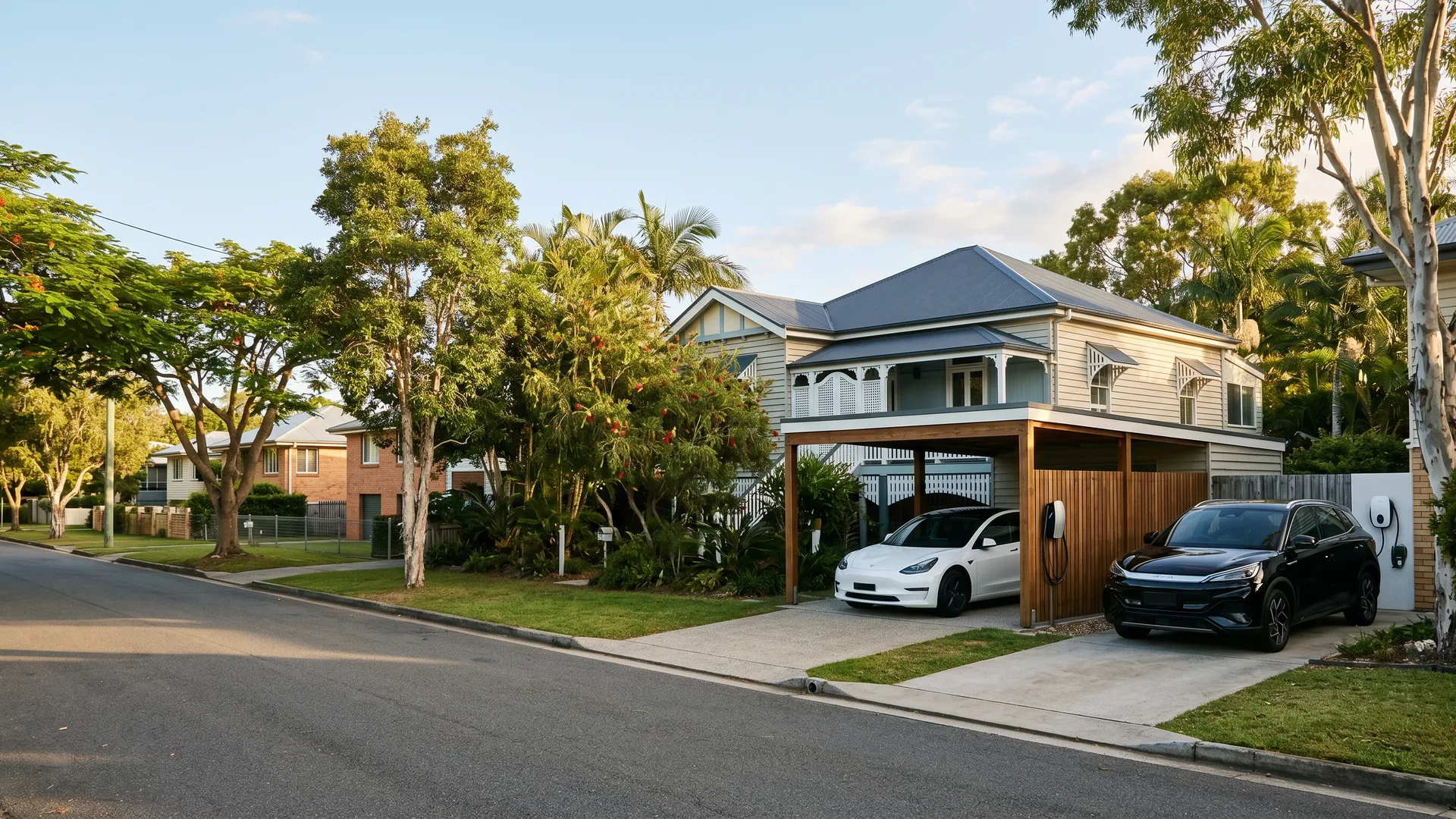 I will start by analyzing this generation. The image creates an exceptionally authentic Brisbane atmosphere, featuring accurate Queenslander architecture and regional flora. However, it fails on a core requirement by sho