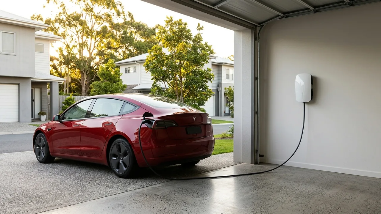 Here is the wider, environmental shot of the completed EV charger installation, providing a broader view of the real Brisbane setting: