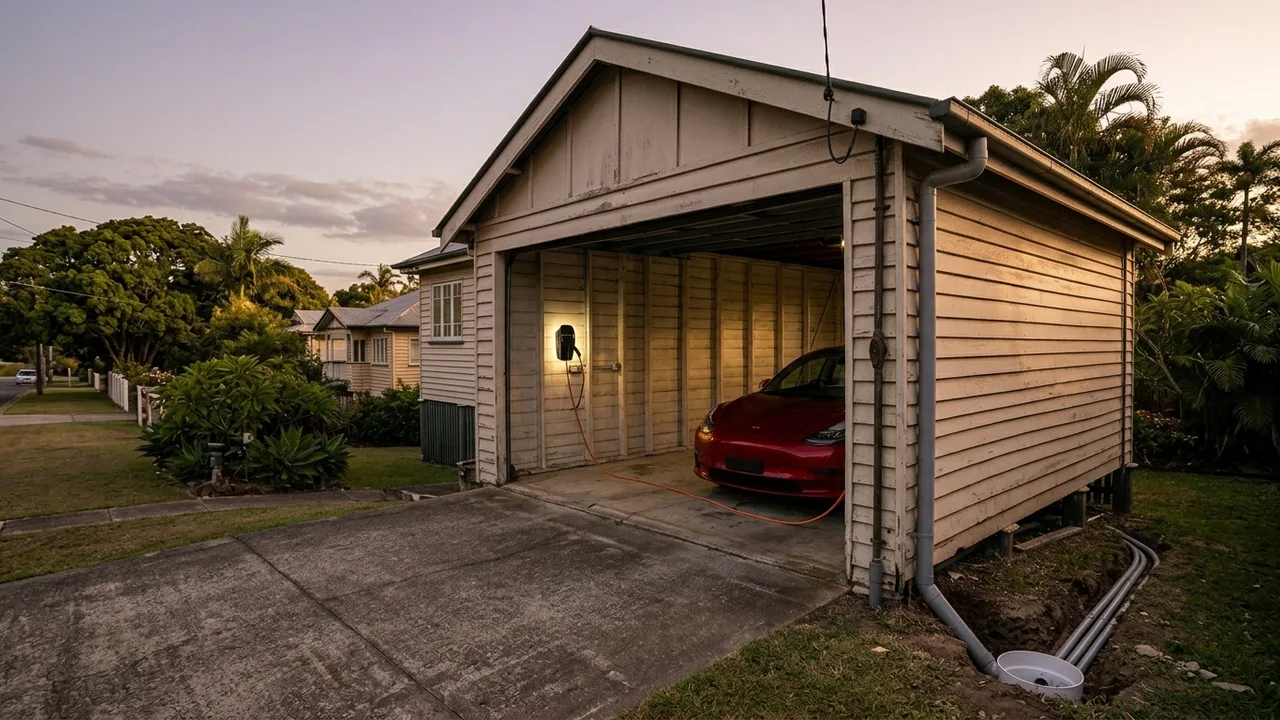 I've generated a 16:9 cinematic shot of a modern EV plugged into a wall charger within a weathered, older timber garage. This image illustrates the need for a switchboard upgrade in older homes. Note that I did not ge...