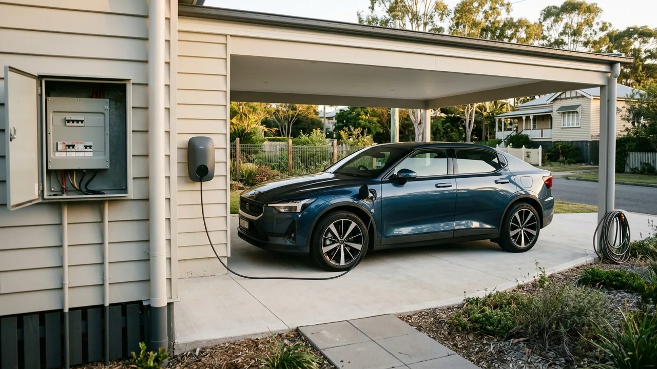 I've created this image to perfectly match your Brisbane installation guide's theme. By explicitly including an open switchboard and showing the direct electrical connection to the EV charger, this scene provides the ...