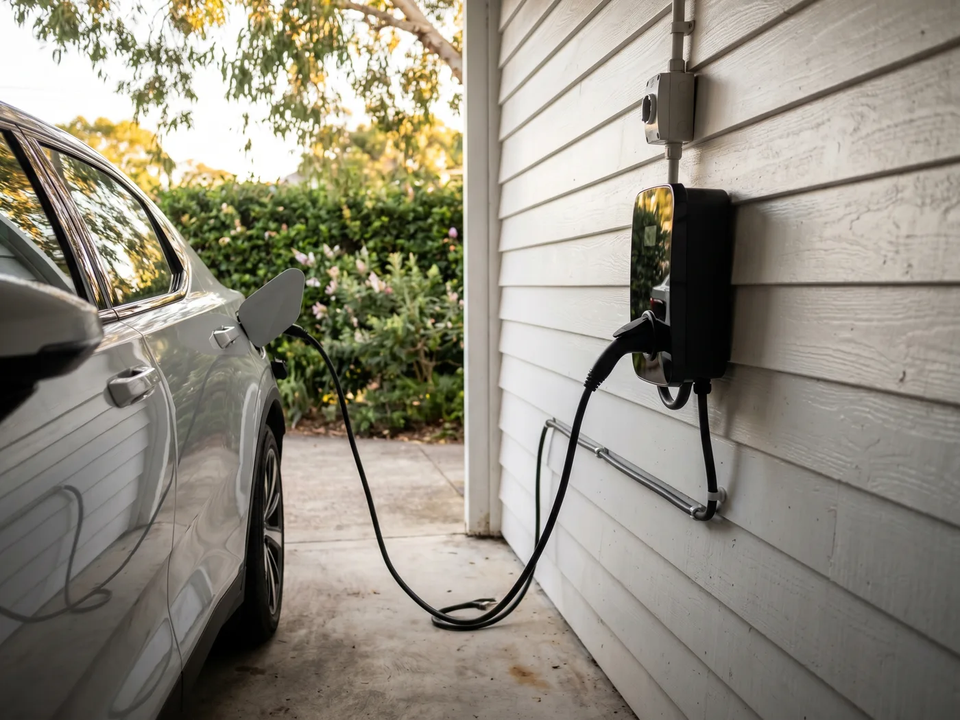 Here is a tight, magazine-quality close-up from Carseldine, Brisbane, showing a clean EV charger installation in the late afternoon light, adhering strictly to all your constraints.